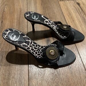 Vintage Just Cavalli Black Leather Heels with Crystal Bronze Medallion